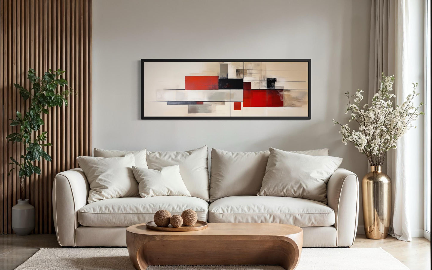 Mid Century Modern Wall Art - Large Abstract Canvas Print | Red Beige Black Geometric Decor