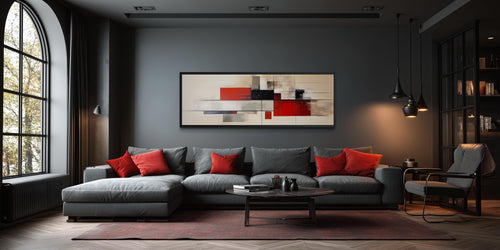 Mid Century Modern Wall Art - Large Abstract Canvas Print | Red Beige Black Geometric Decor