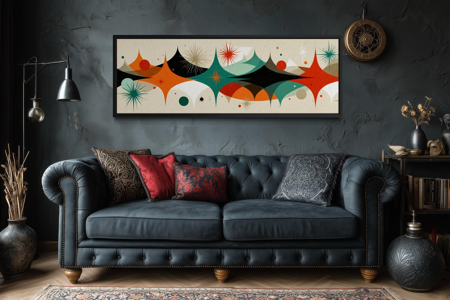 Mid Century Modern Wall Art – Long Horizontal Canvas Print With Atomic Starburst Design