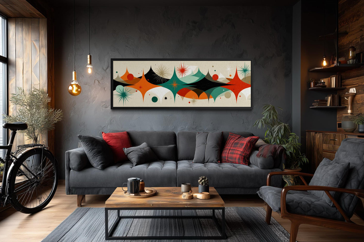 Mid Century Modern Wall Art – Long Horizontal Canvas Print With Atomic Starburst Design