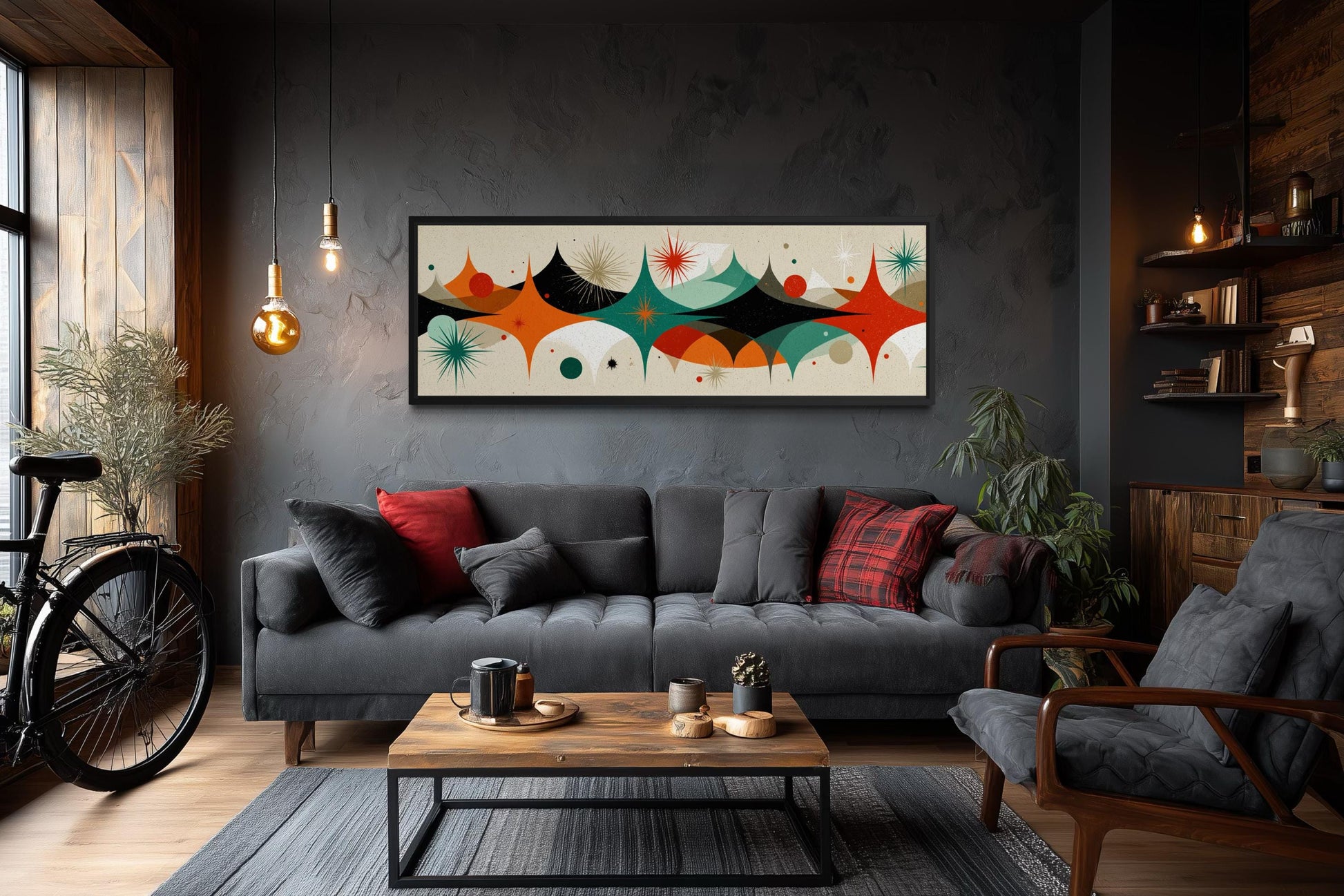 Mid Century Modern Wall Art – Long Horizontal Canvas Print With Atomic Starburst Design