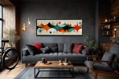 Mid Century Modern Wall Art – Long Horizontal Canvas Print With Atomic Starburst Design