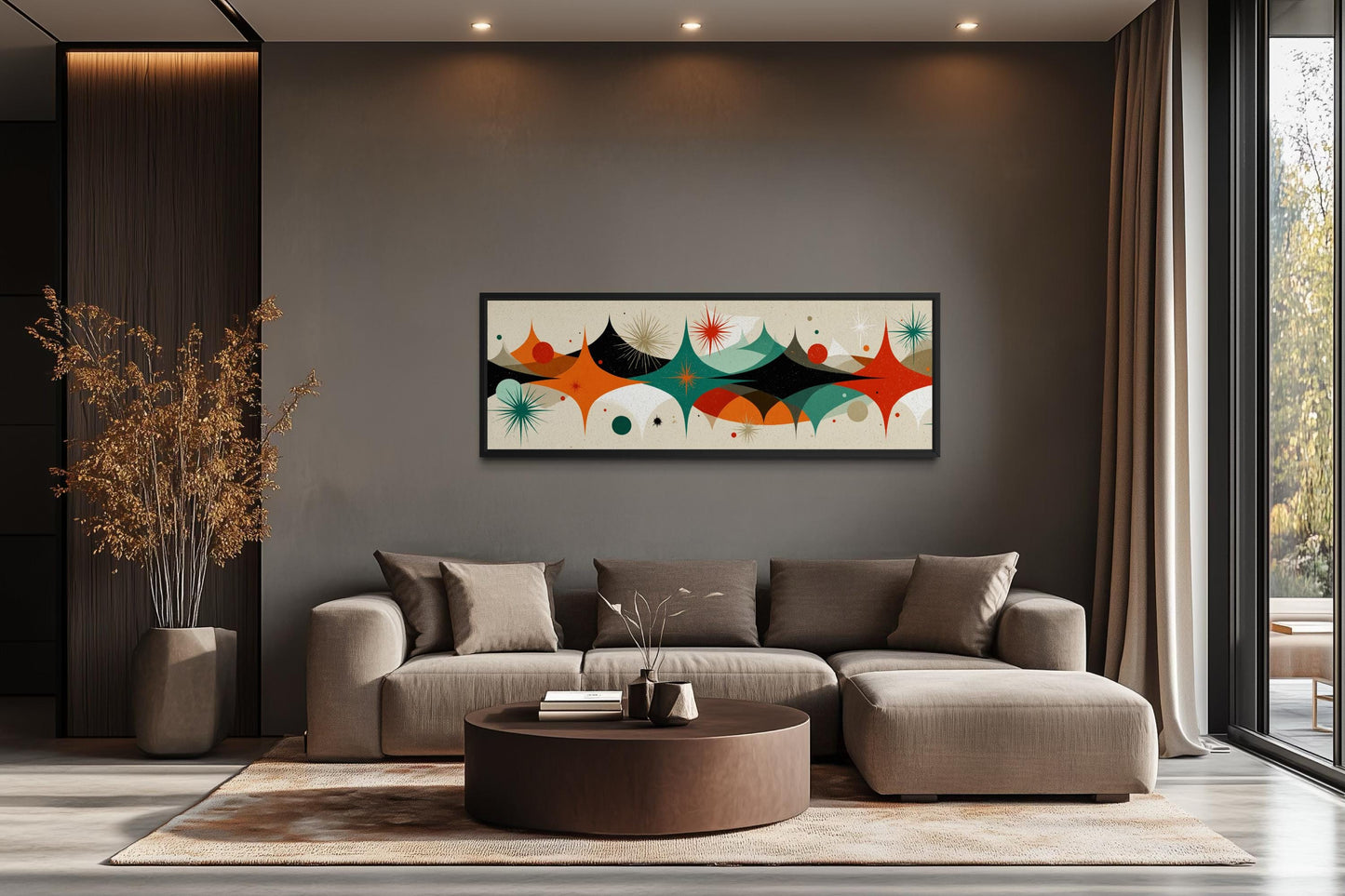 Mid Century Modern Wall Art – Long Horizontal Canvas Print With Atomic Starburst Design