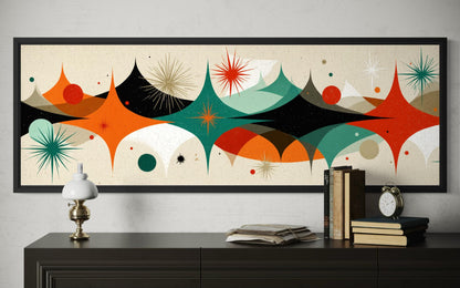 Mid Century Modern Wall Art – Long Horizontal Canvas Print With Atomic Starburst Design