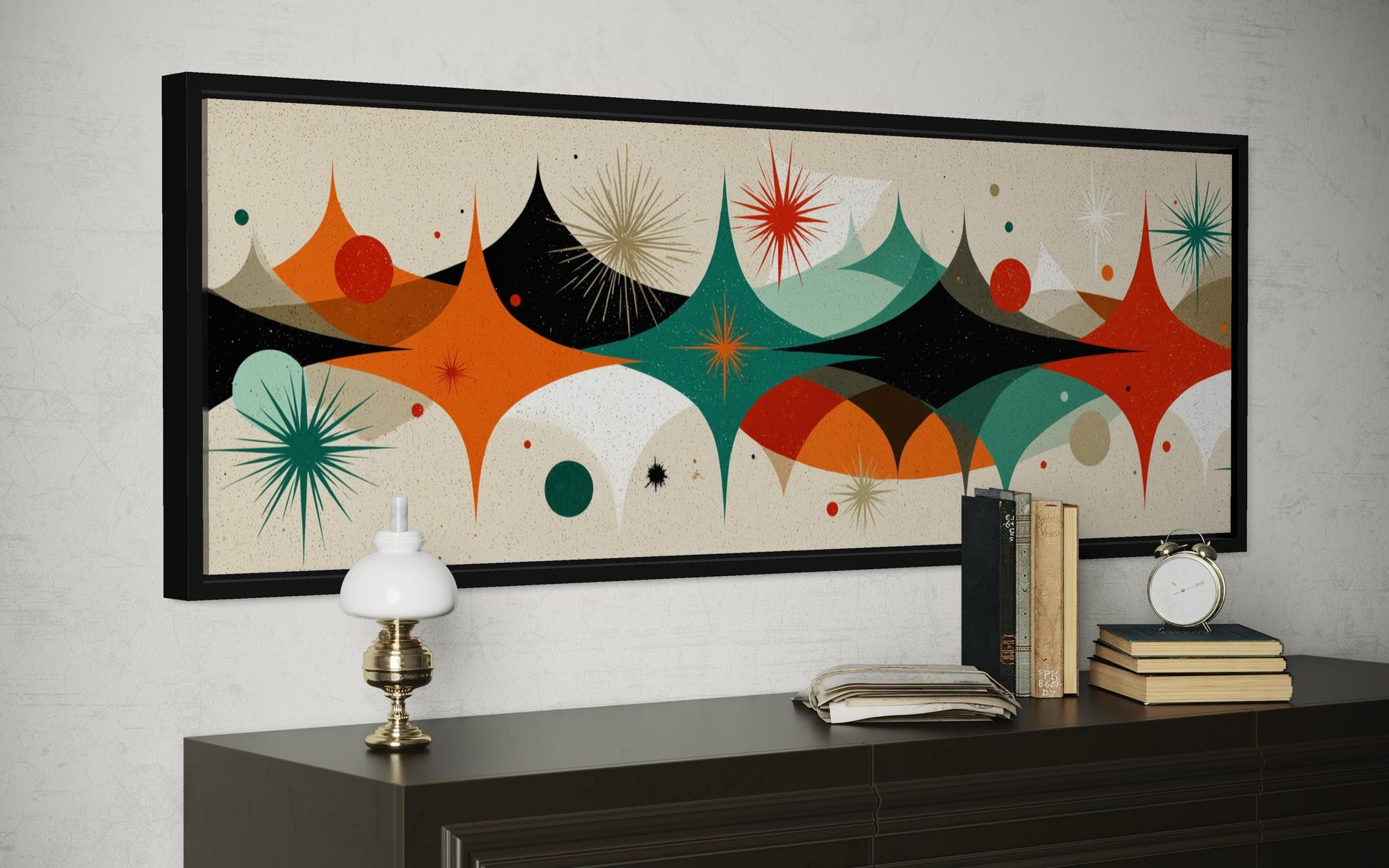 Mid Century Modern Wall Art – Long Horizontal Canvas Print With Atomic Starburst Design