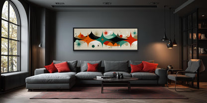 Mid Century Modern Wall Art – Long Horizontal Canvas Print With Atomic Starburst Design