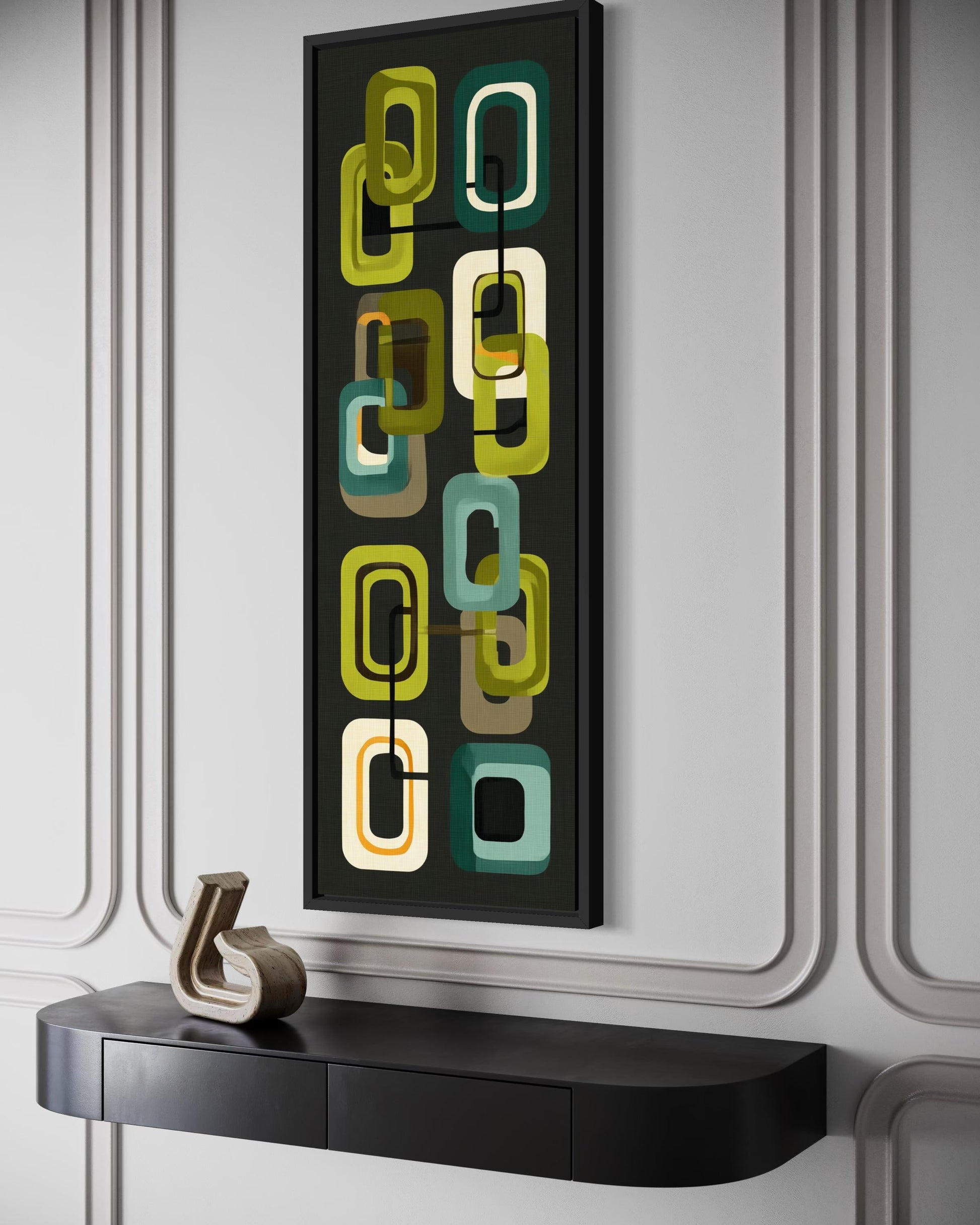 Mid Century Modern Wall Art – Retro Green Geometric Vertical Canvas Print