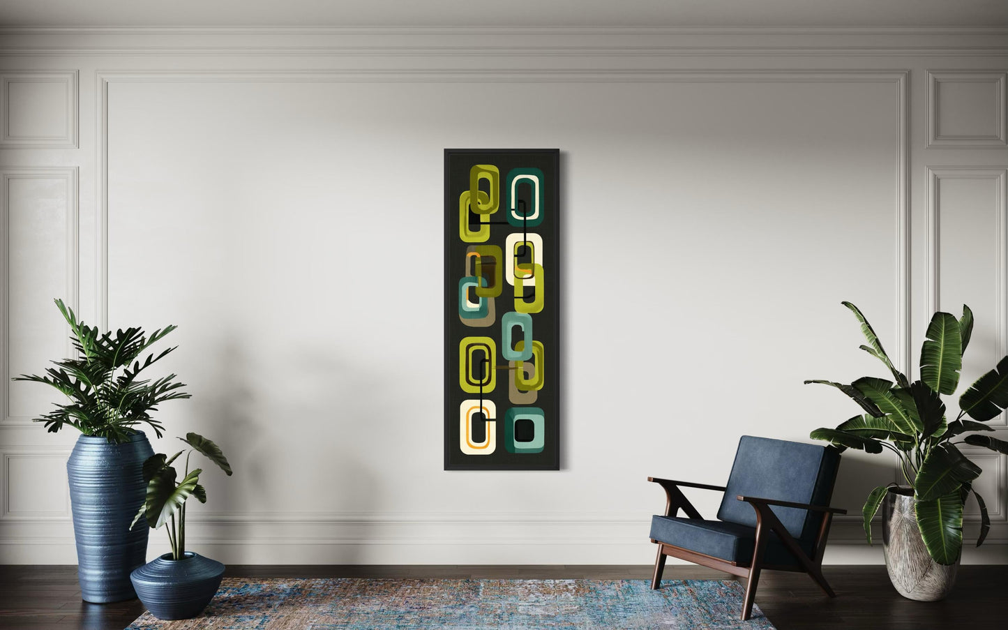 Mid Century Modern Wall Art – Retro Green Geometric Vertical Canvas Print