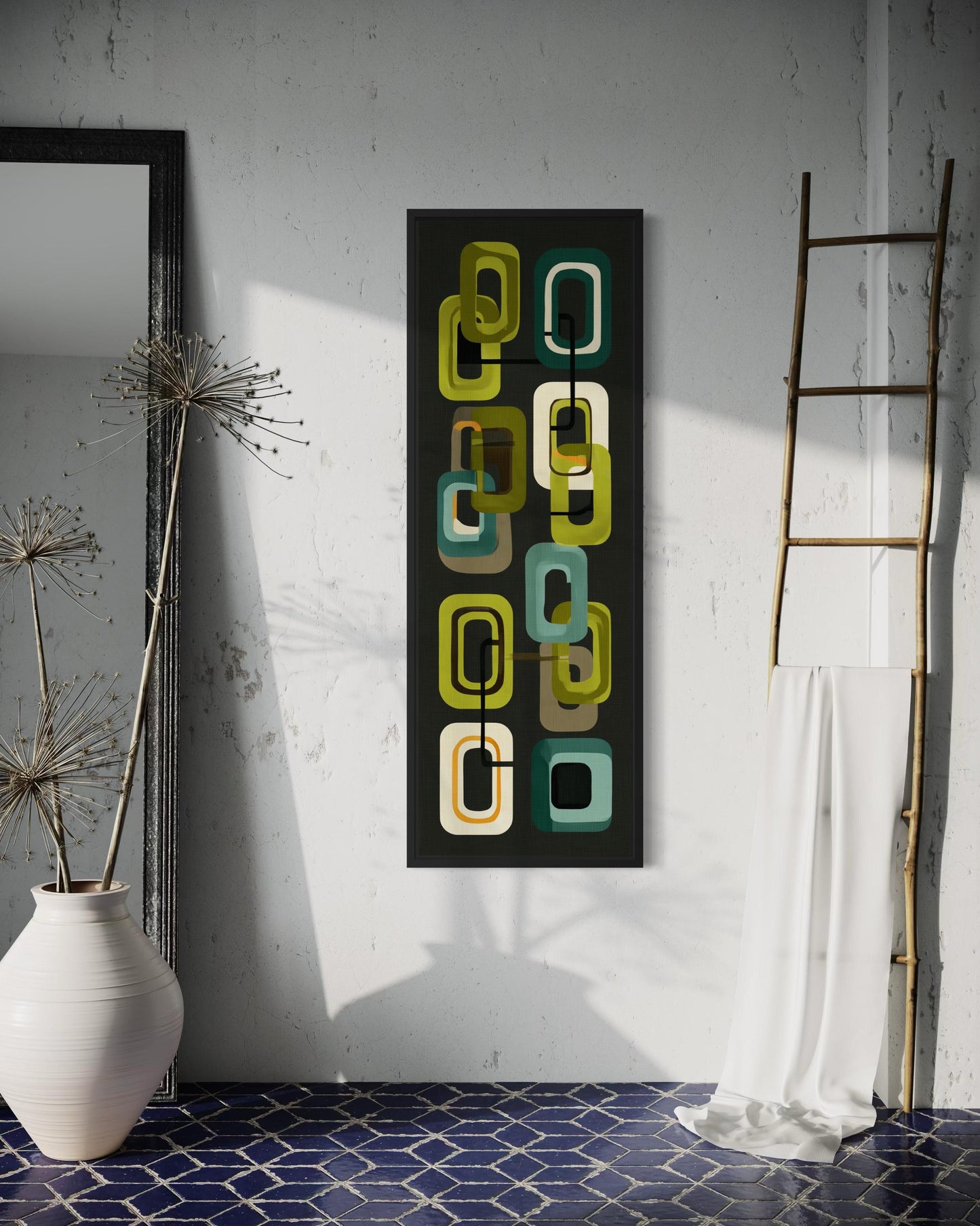 Mid Century Modern Wall Art – Retro Green Geometric Vertical Canvas Print