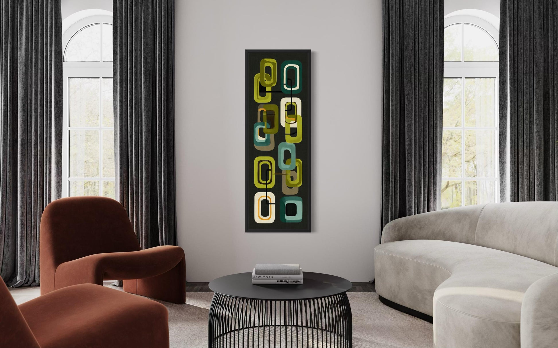 Mid Century Modern Wall Art – Retro Green Geometric Vertical Canvas Print