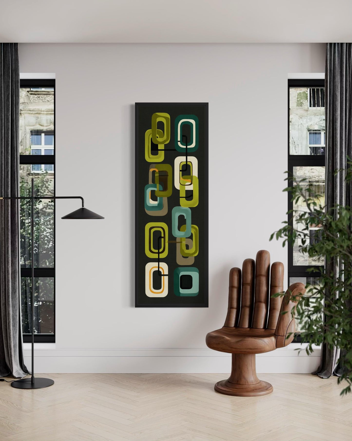 Mid Century Modern Wall Art – Retro Green Geometric Vertical Canvas Print
