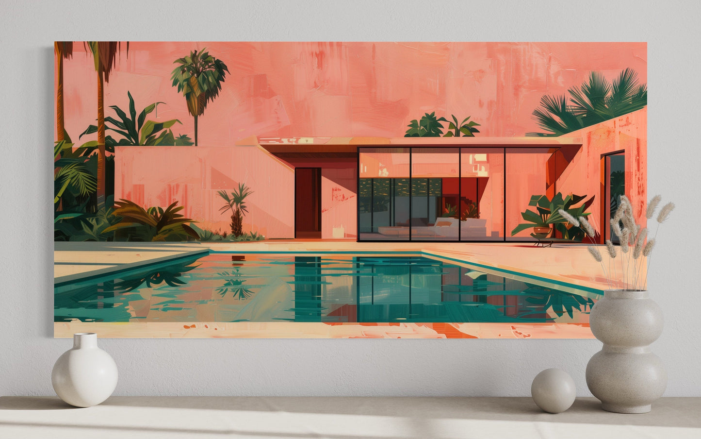 Ping Green Mid Century Modern Wall Art – Retro House Print on Canvas