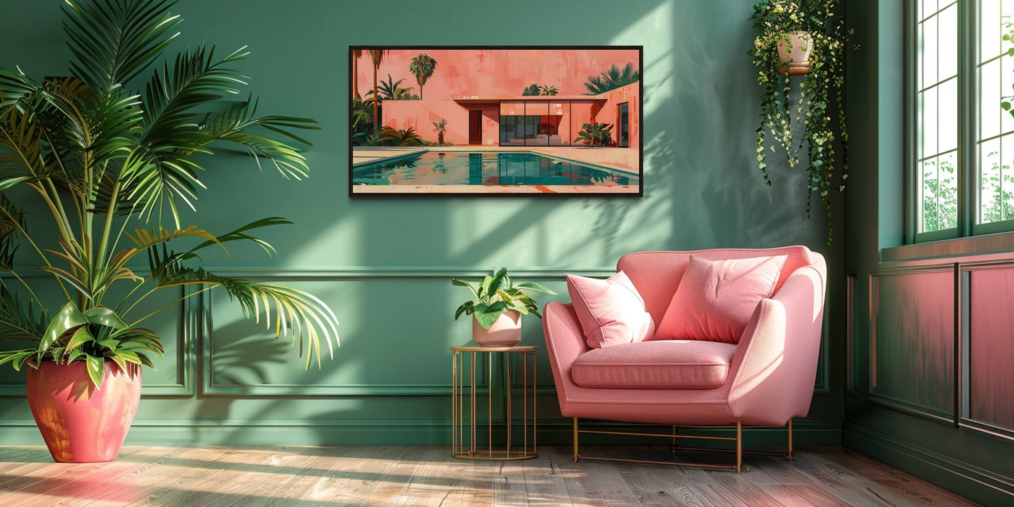 Ping Green Mid Century Modern Wall Art – Retro House Print on Canvas