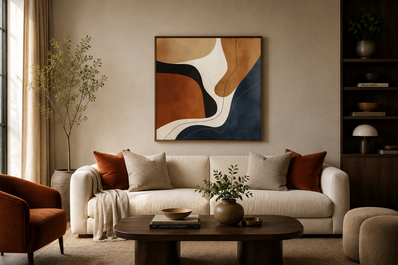 Mid Century Modern Organic Shapes in Navy Earth Tones Abstract Square Canvas Wall Art