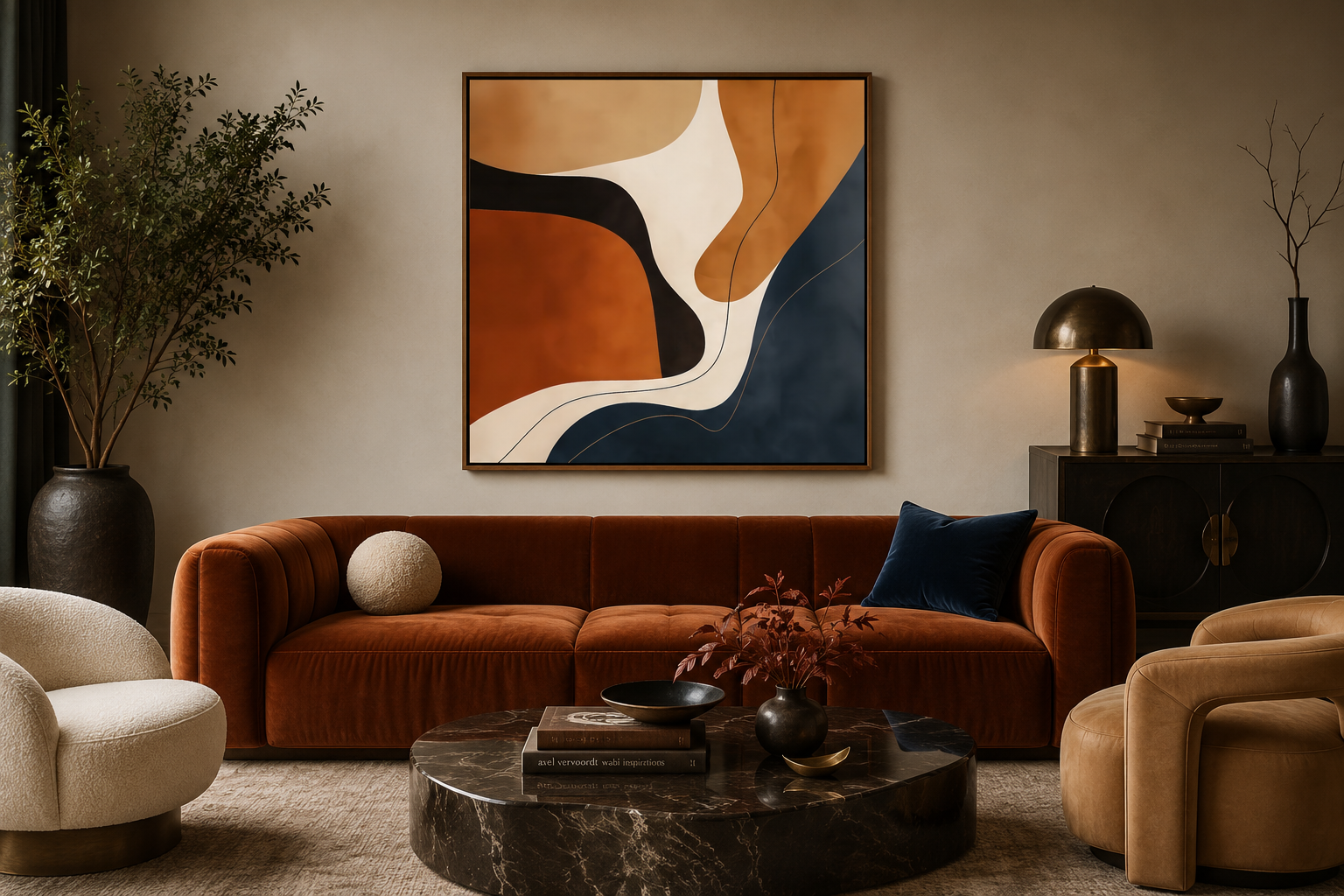 Mid Century Modern Organic Shapes in Navy Earth Tones Abstract Square Canvas Wall Art