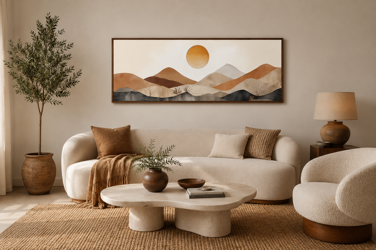 Mid Century Modern Neutral Brown Beige Mountain Sunset Landscape Long Narrow Canvas Wall Art