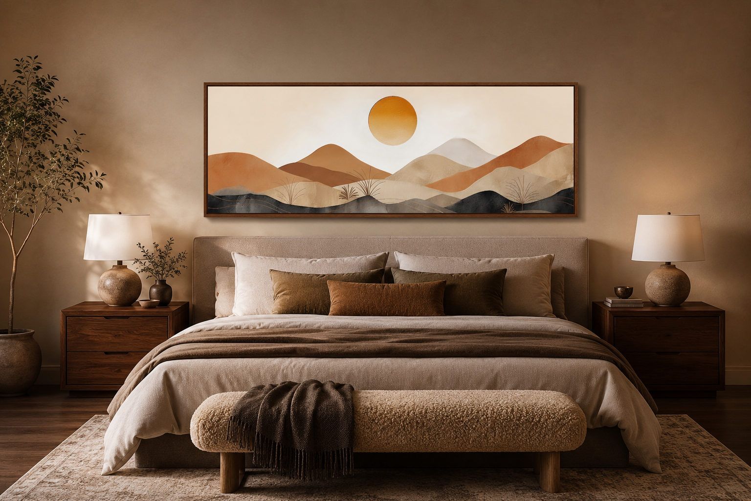 Mid Century Modern Neutral Brown Beige Mountain Sunset Landscape Long Narrow Canvas Wall Art