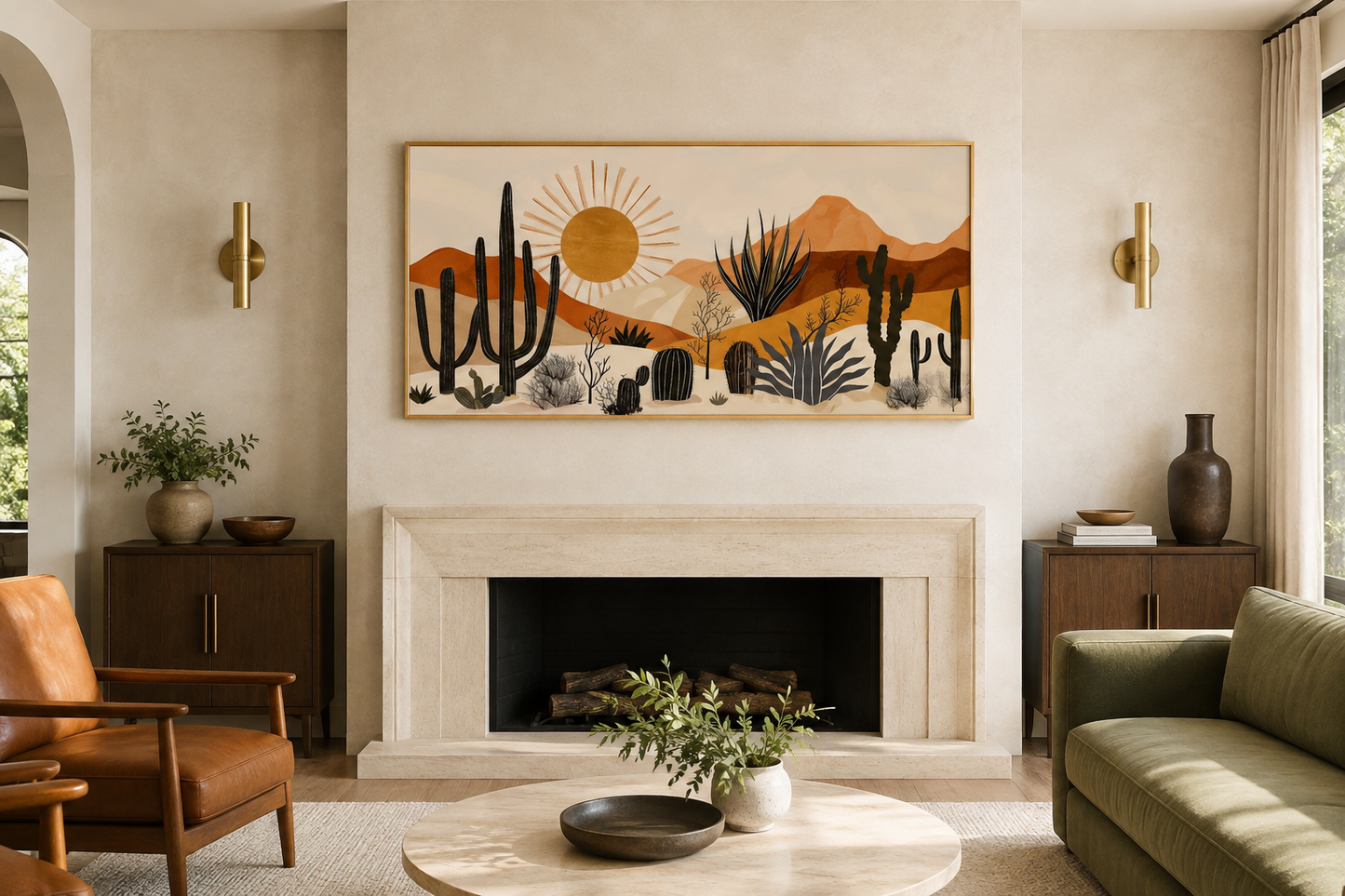 Mid Century Modern Neutral Desert With Cactus Framed Canvas Wall Art For Southwestern Living Room Decor