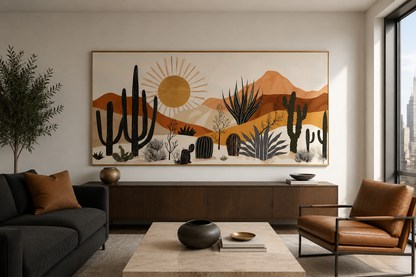 Mid Century Modern Neutral Desert With Cactus Framed Canvas Wall Art For Southwestern Living Room Decor