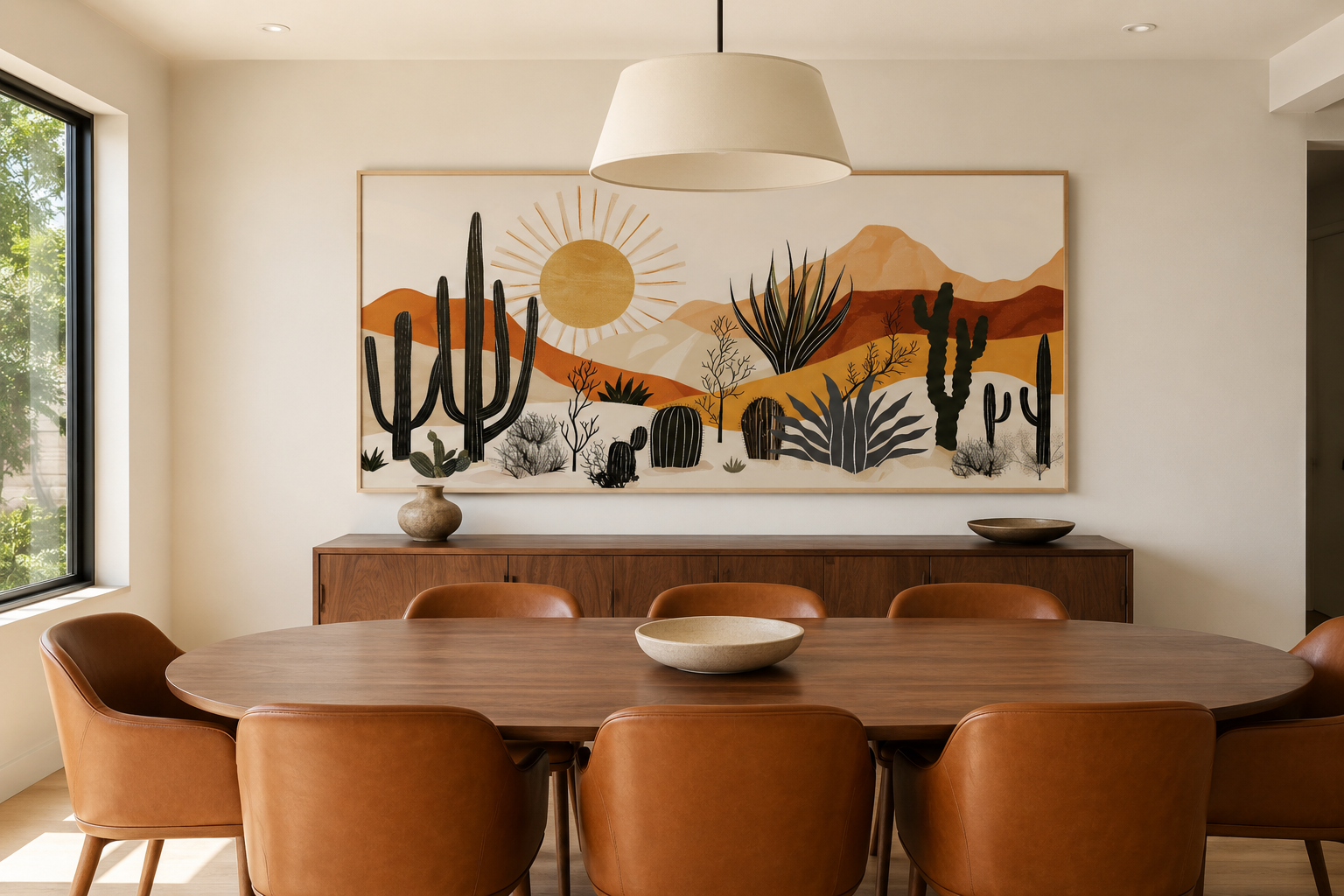 Mid Century Modern Neutral Desert With Cactus Framed Canvas Wall Art For Southwestern Living Room Decor