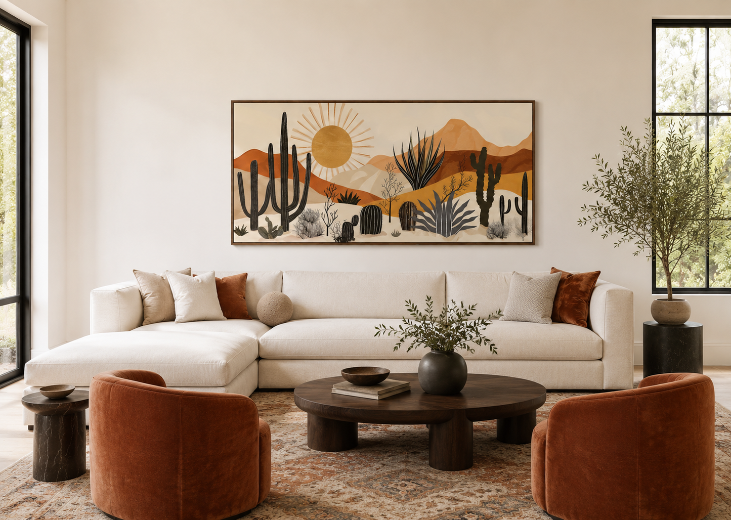 Mid Century Modern Neutral Desert With Cactus Framed Canvas Wall Art For Southwestern Living Room Decor
