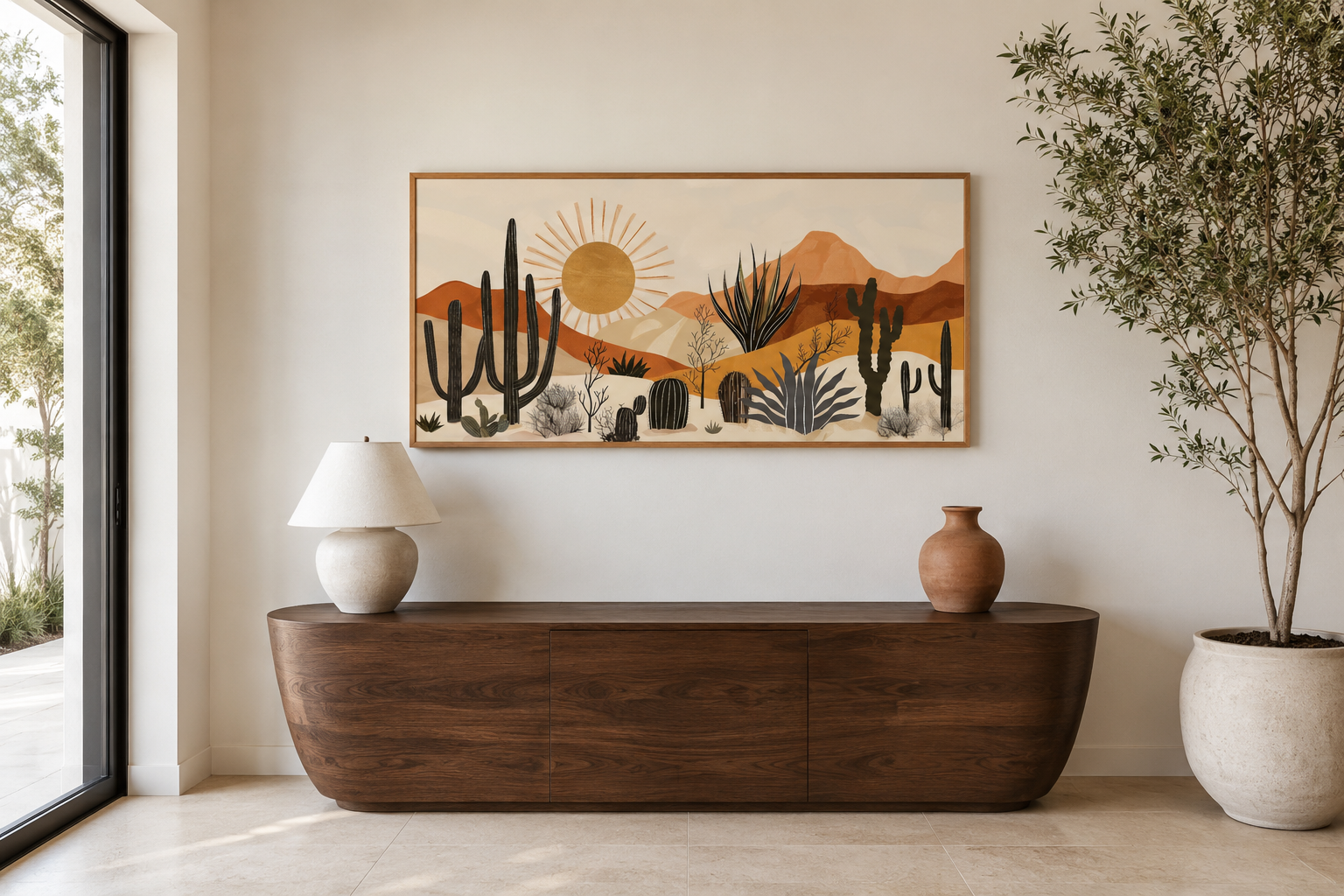 Mid Century Modern Neutral Desert With Cactus Framed Canvas Wall Art For Southwestern Living Room Decor