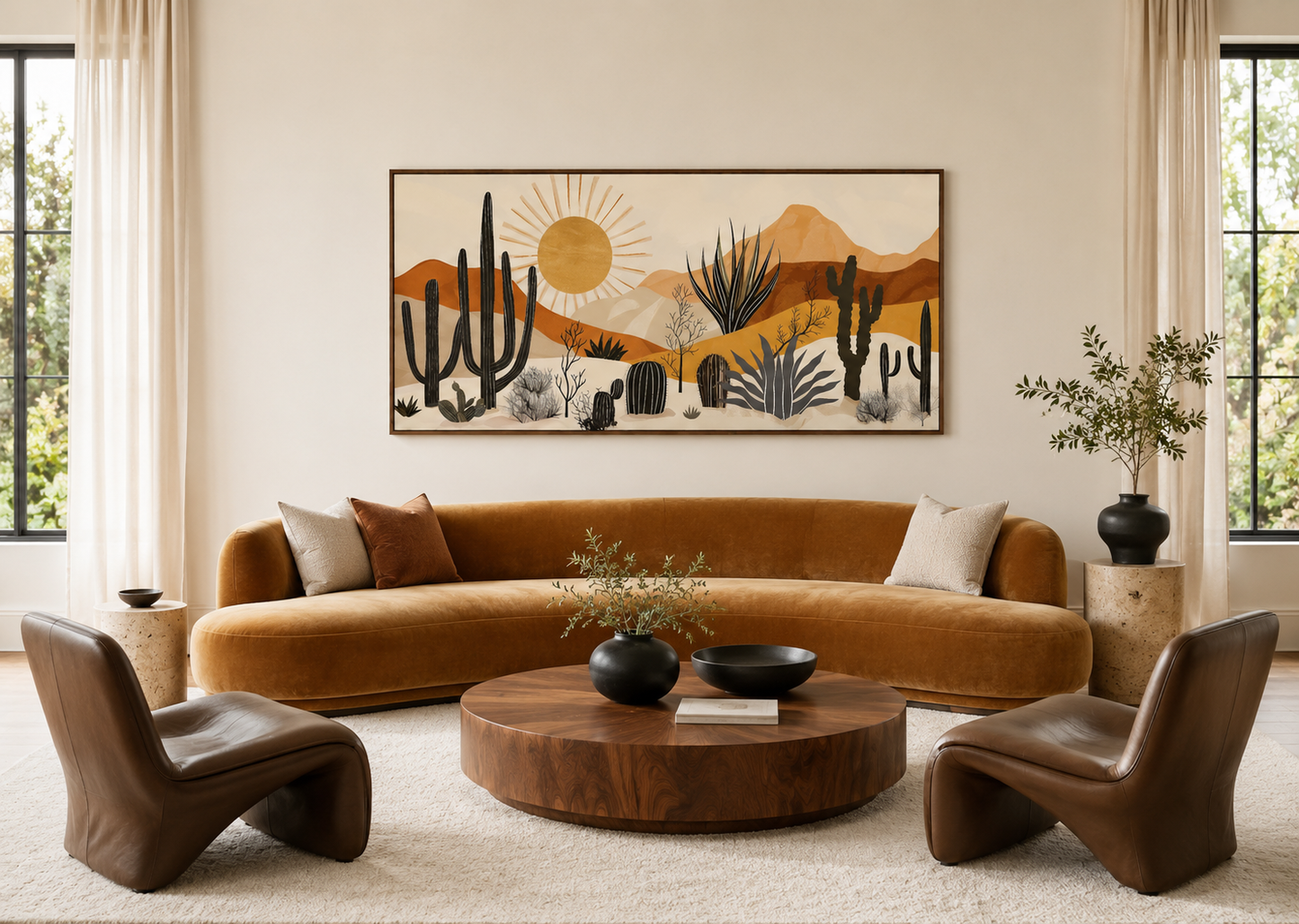 Mid Century Modern Neutral Desert With Cactus Framed Canvas Wall Art For Southwestern Living Room Decor
