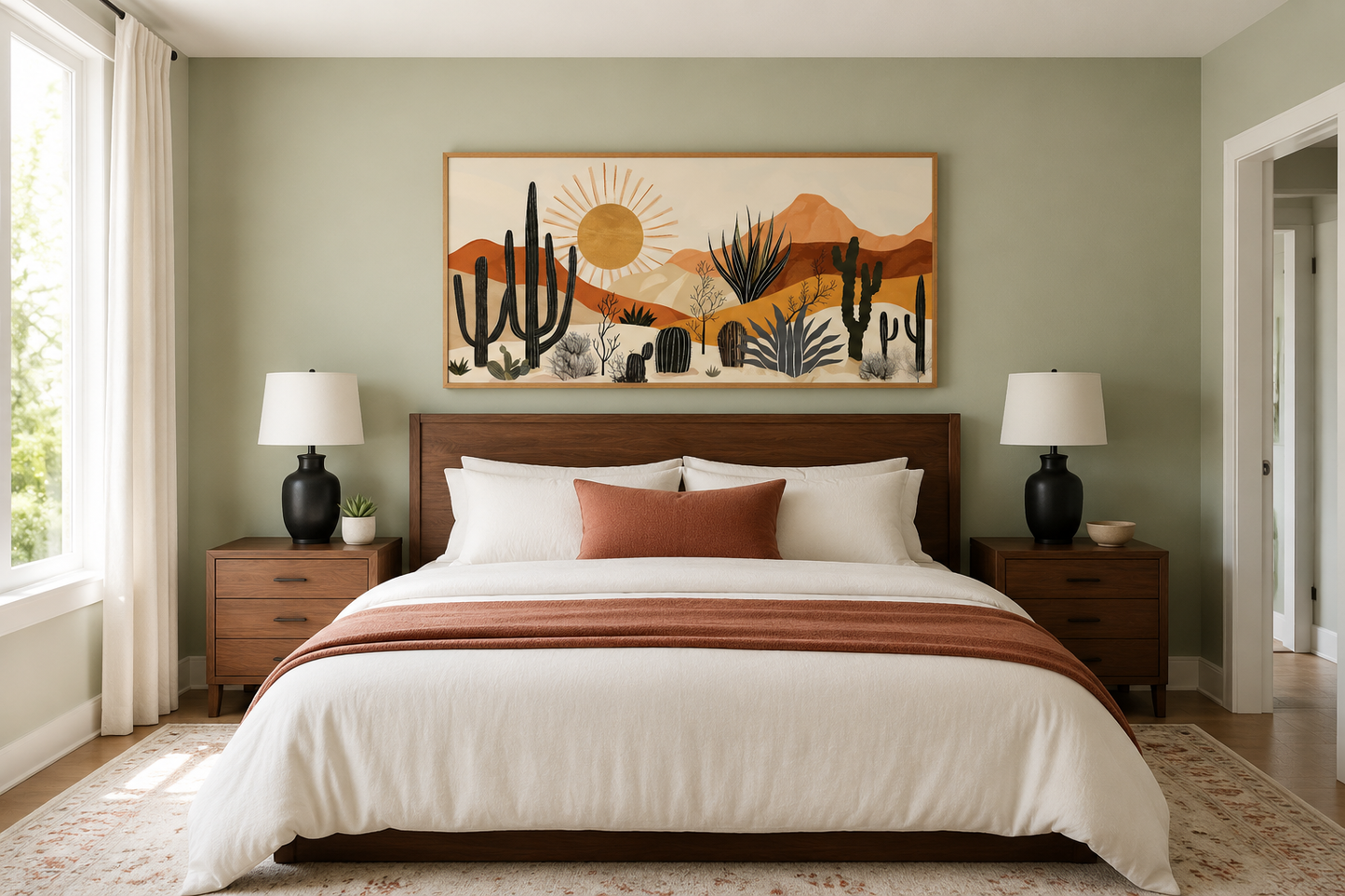 Mid Century Modern Neutral Desert With Cactus Framed Canvas Wall Art For Southwestern Living Room Decor