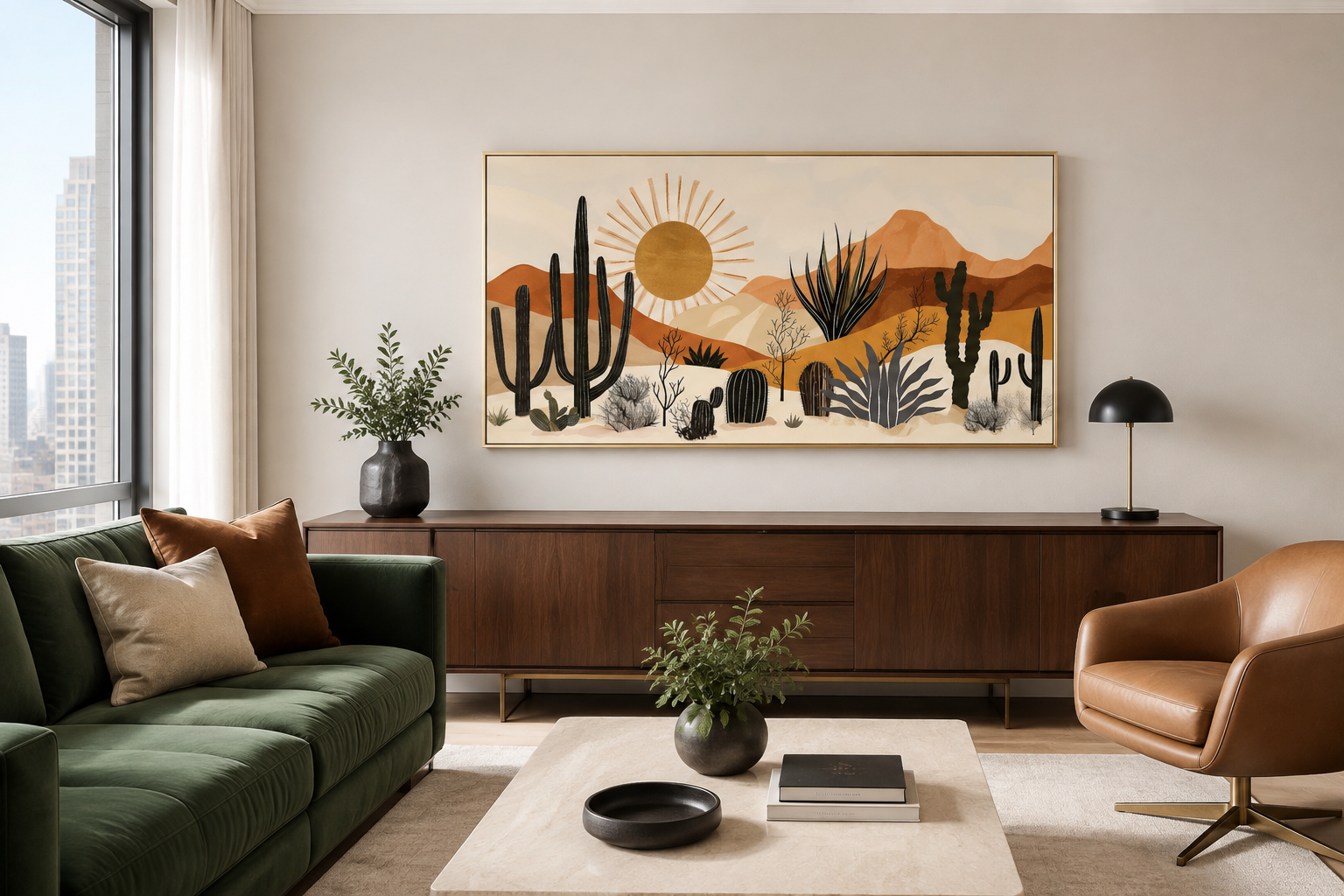 Mid Century Modern Neutral Desert With Cactus Framed Canvas Wall Art For Southwestern Living Room Decor