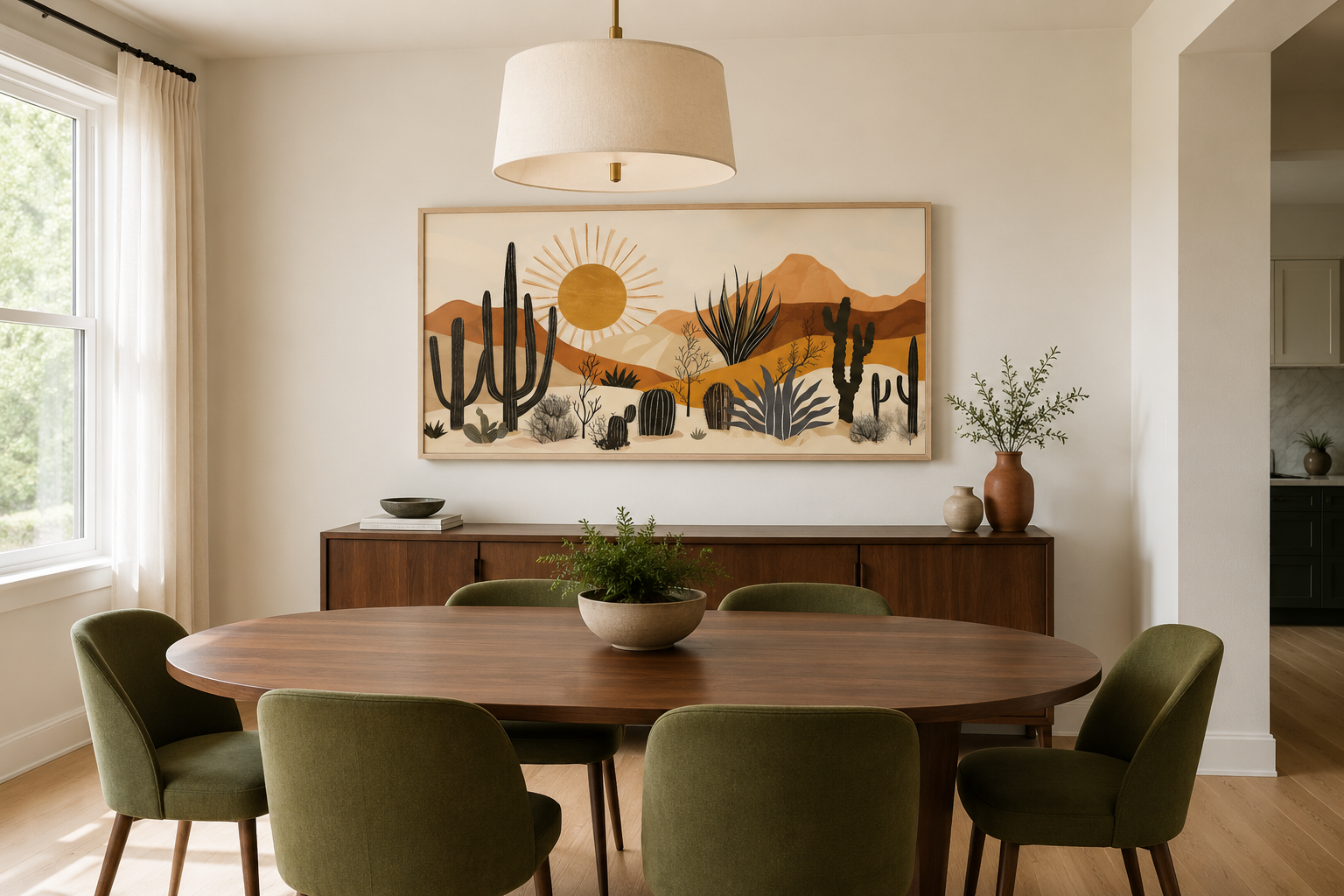 Mid Century Modern Neutral Desert With Cactus Framed Canvas Wall Art For Southwestern Living Room Decor