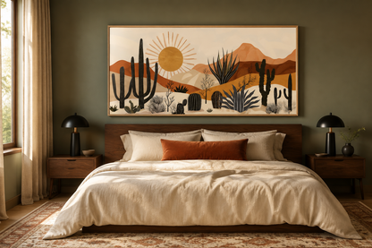 Mid Century Modern Neutral Desert With Cactus Framed Canvas Wall Art For Southwestern Living Room Decor