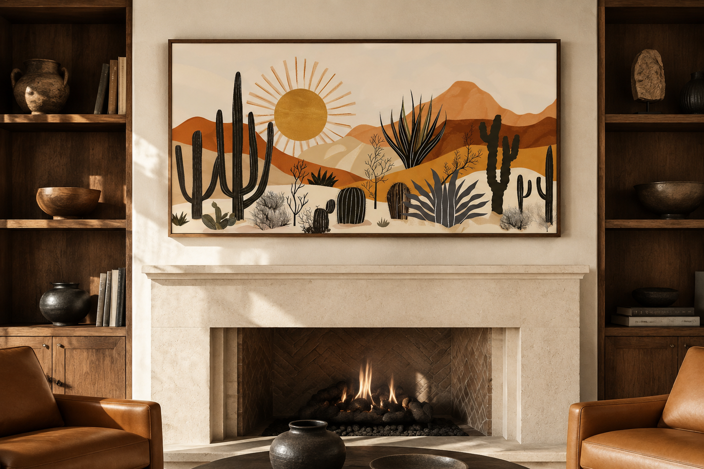 Mid Century Modern Neutral Desert With Cactus Framed Canvas Wall Art For Southwestern Living Room Decor
