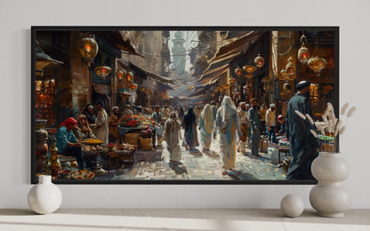 Middle Eastern Fruit Bazaar Framed Canvas Wall Art – Vibrant Market Scene Decor