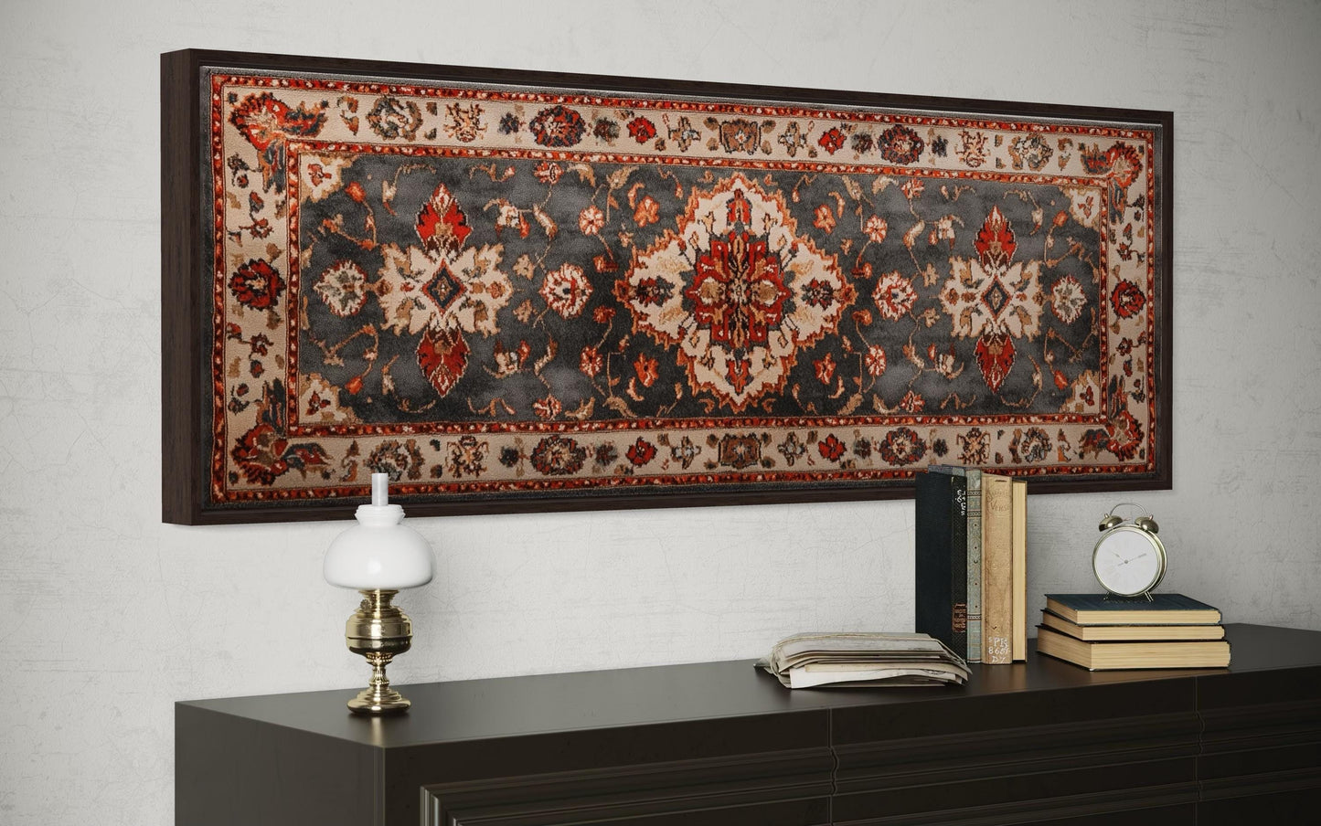 Middle Eastern Rug Style Long Horizontal Red Cream Canvas Wall Art