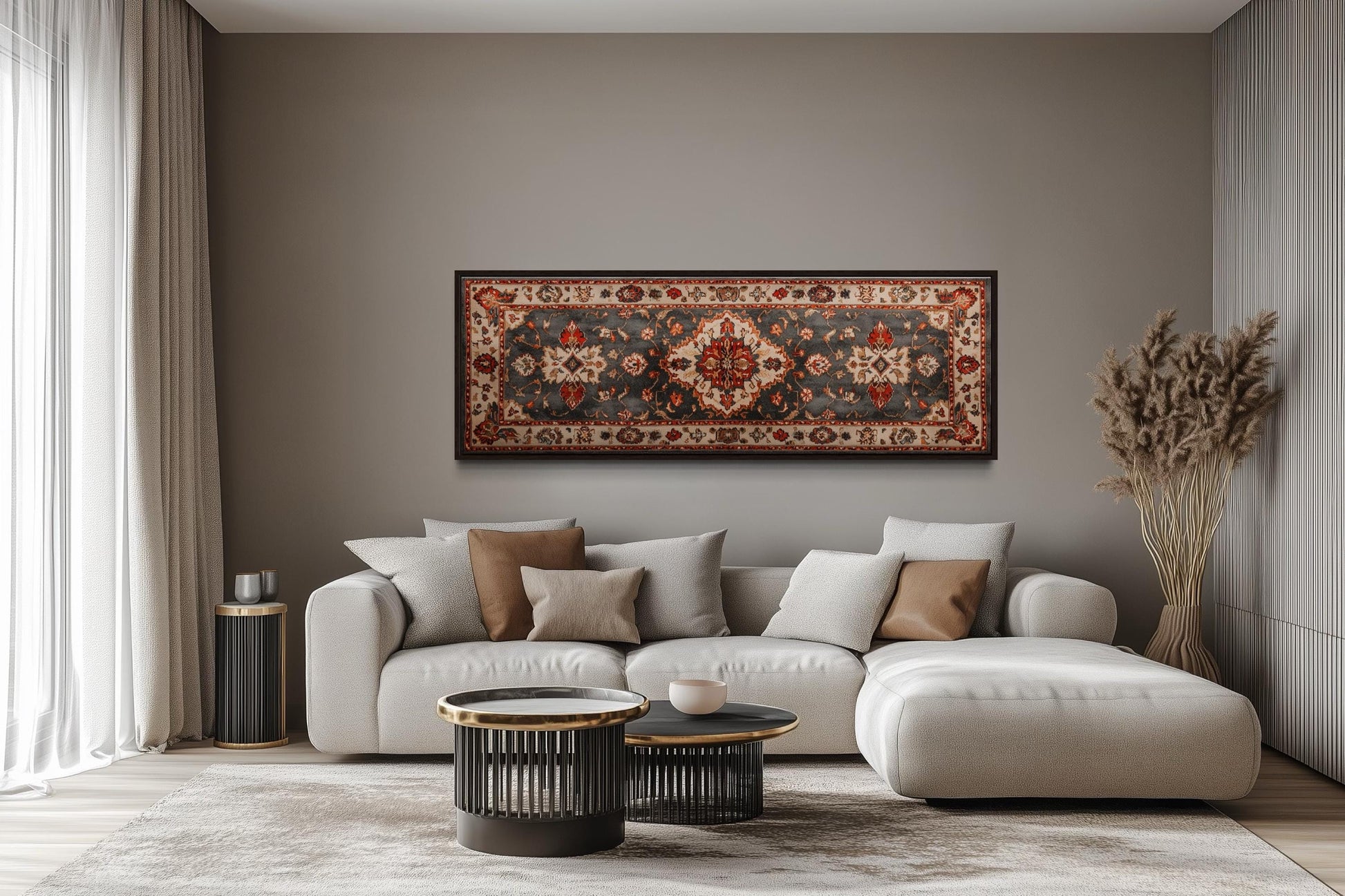 Middle Eastern Rug Style Long Horizontal Red Cream Canvas Wall Art