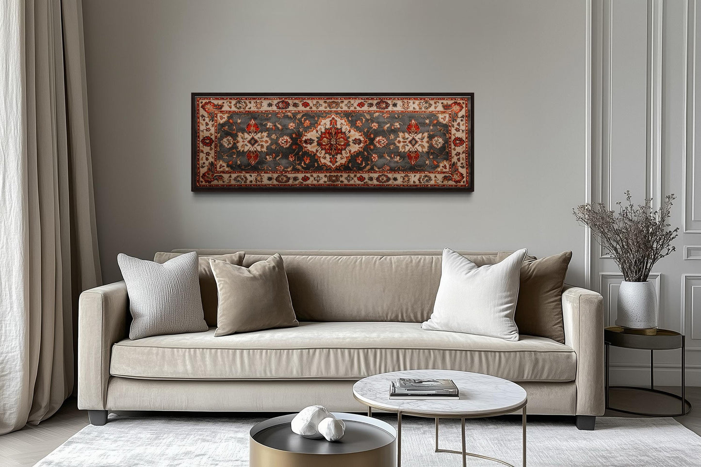 Middle Eastern Rug Style Long Horizontal Red Cream Canvas Wall Art