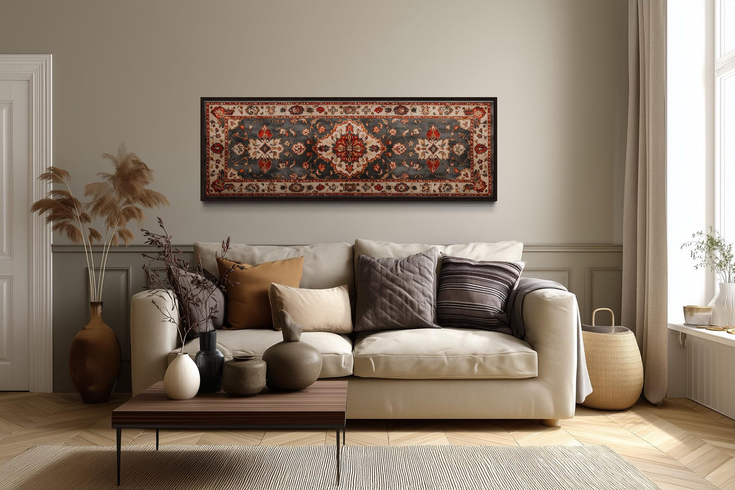 Middle Eastern Rug Style Long Horizontal Red Cream Canvas Wall Art