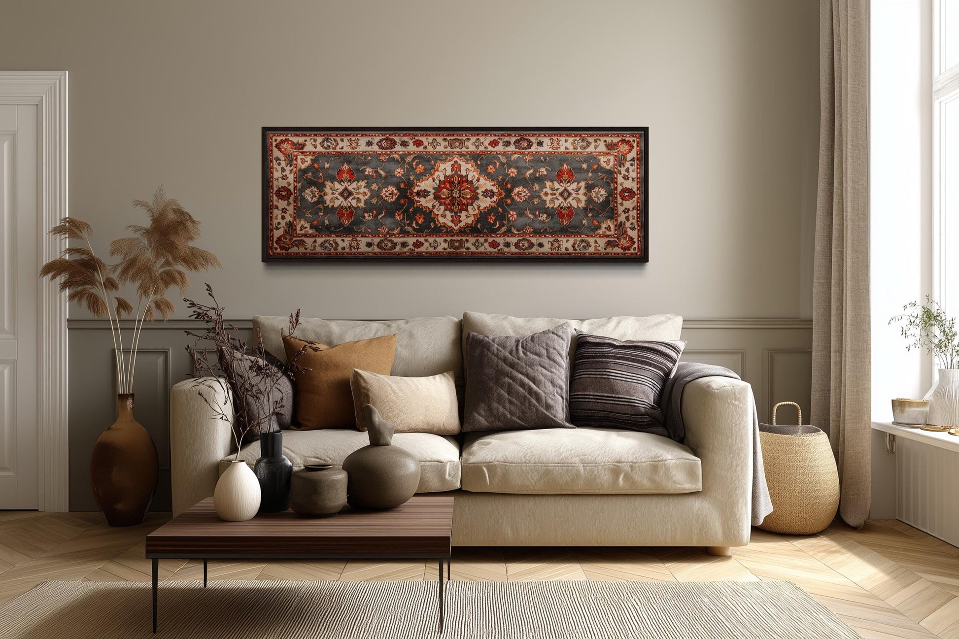 Middle Eastern Rug Style Long Horizontal Red Cream Canvas Wall Art