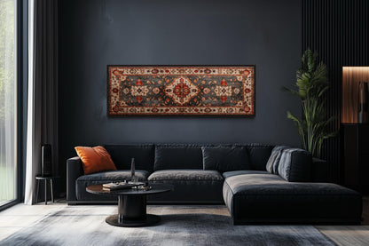 Middle Eastern Rug Style Long Horizontal Red Cream Canvas Wall Art