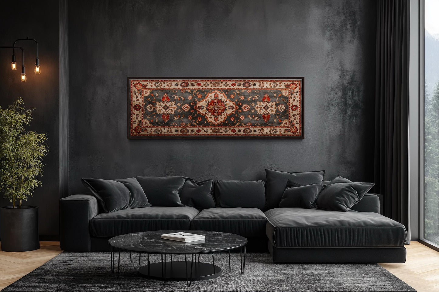 Middle Eastern Rug Style Long Horizontal Red Cream Canvas Wall Art