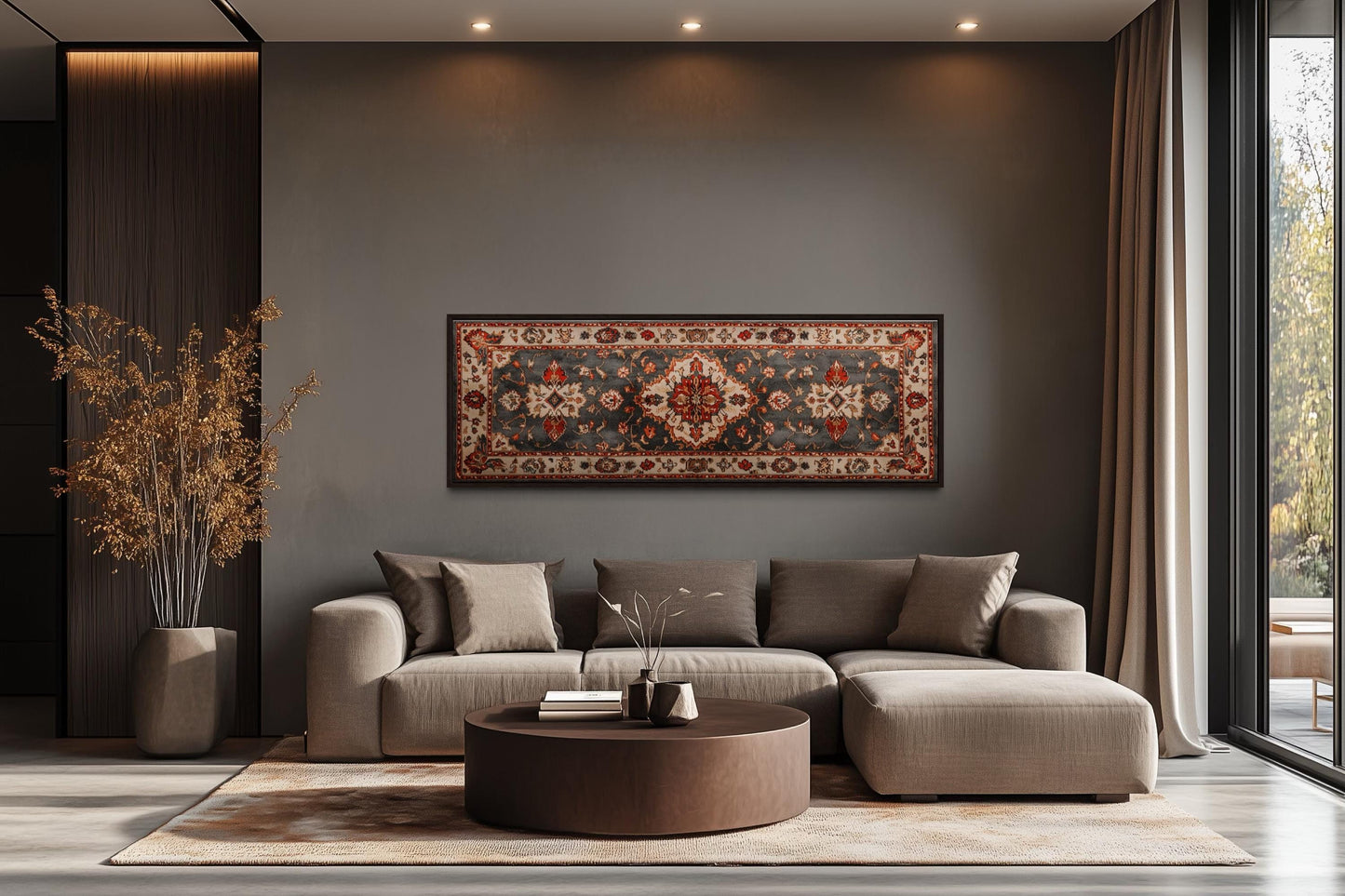 Middle Eastern Rug Style Long Horizontal Red Cream Canvas Wall Art