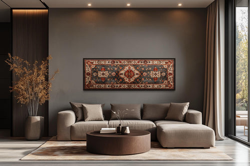 Middle Eastern Rug Style Long Horizontal Red Cream Canvas Wall Art