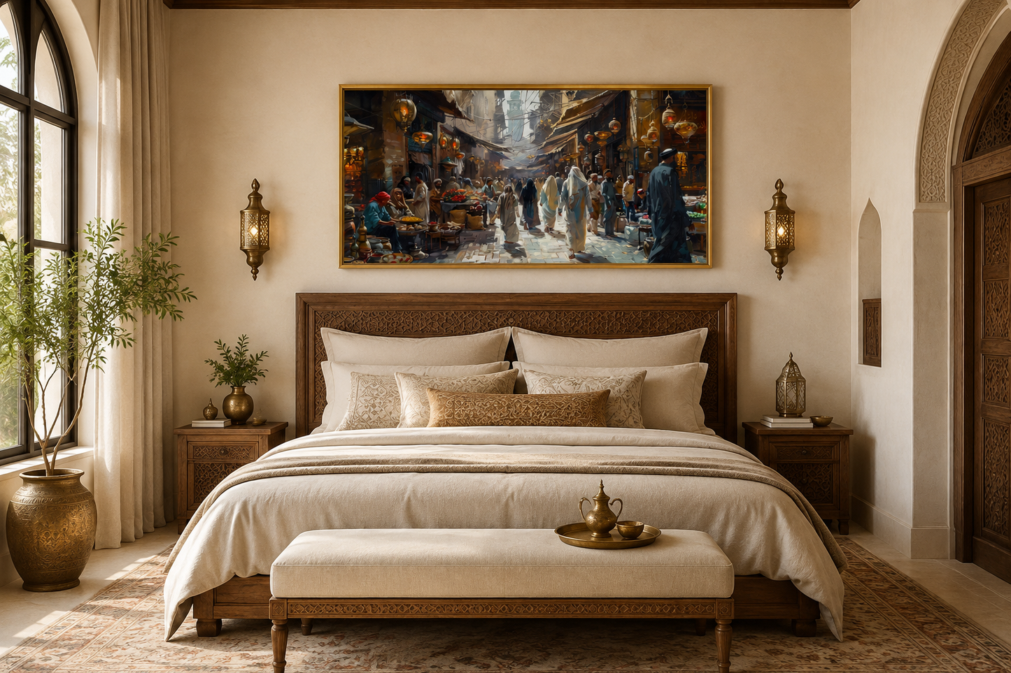 Middle Eastern Fruit Bazaar Framed Canvas Wall Art – Vibrant Market Scene Decor