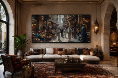 Middle Eastern Fruit Bazaar Framed Canvas Wall Art – Vibrant Market Scene Decor