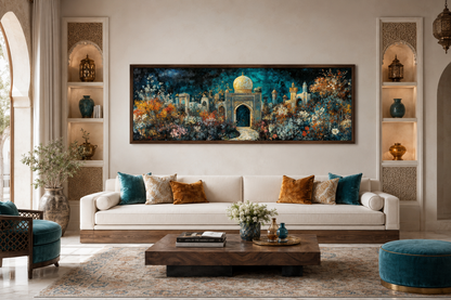 Persian Teal Gold Canvas – Panoramic Floral Palace Print | Middle Eastern Wall Art
