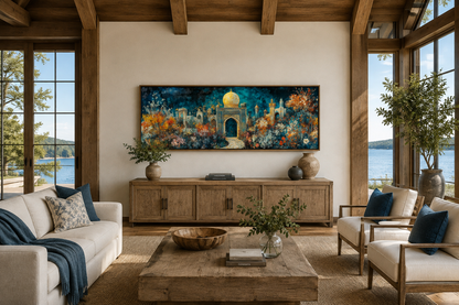Persian Teal Gold Canvas – Panoramic Floral Palace Print | Middle Eastern Wall Art