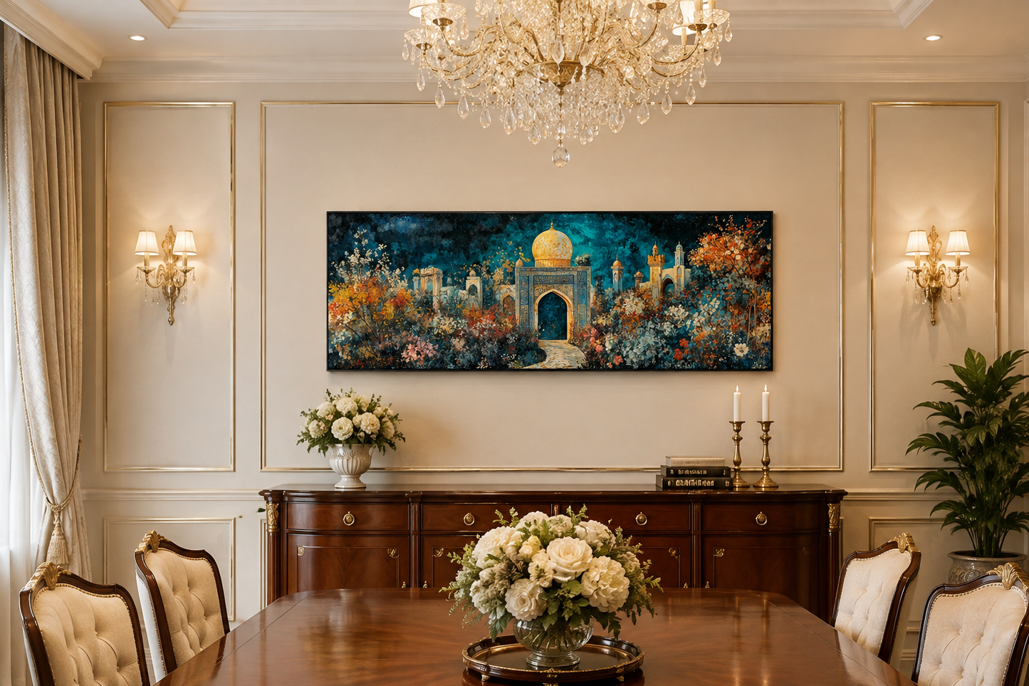 Persian Teal Gold Canvas – Panoramic Floral Palace Print | Middle Eastern Wall Art
