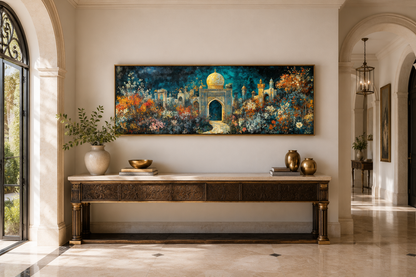 Persian Teal Gold Canvas – Panoramic Floral Palace Print | Middle Eastern Wall Art