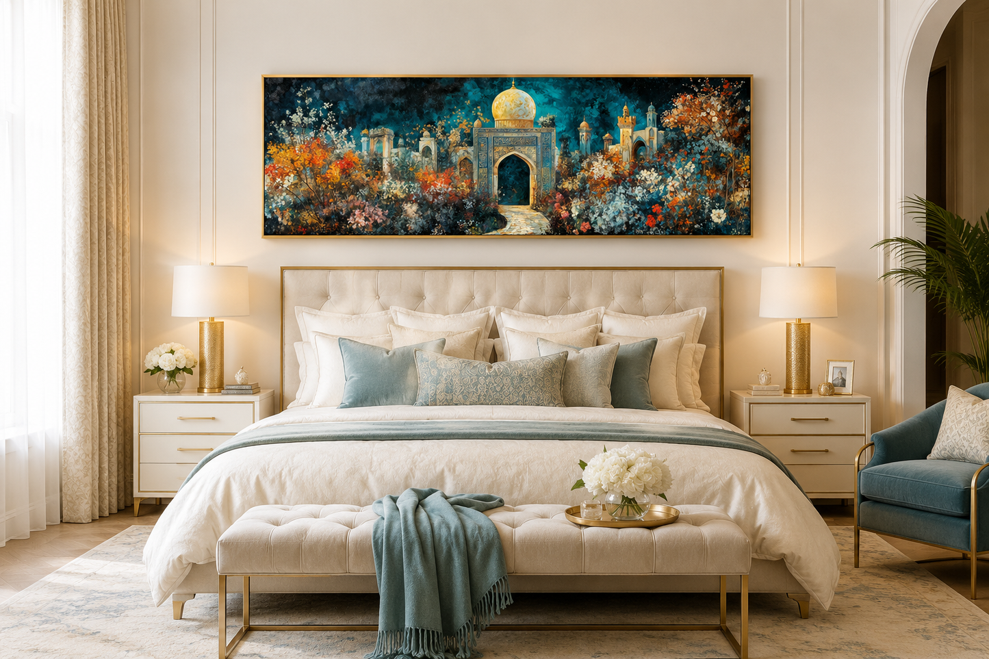 Persian Teal Gold Canvas – Panoramic Floral Palace Print | Middle Eastern Wall Art