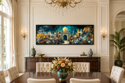 Persian Teal Gold Canvas – Panoramic Floral Palace Print | Middle Eastern Wall Art
